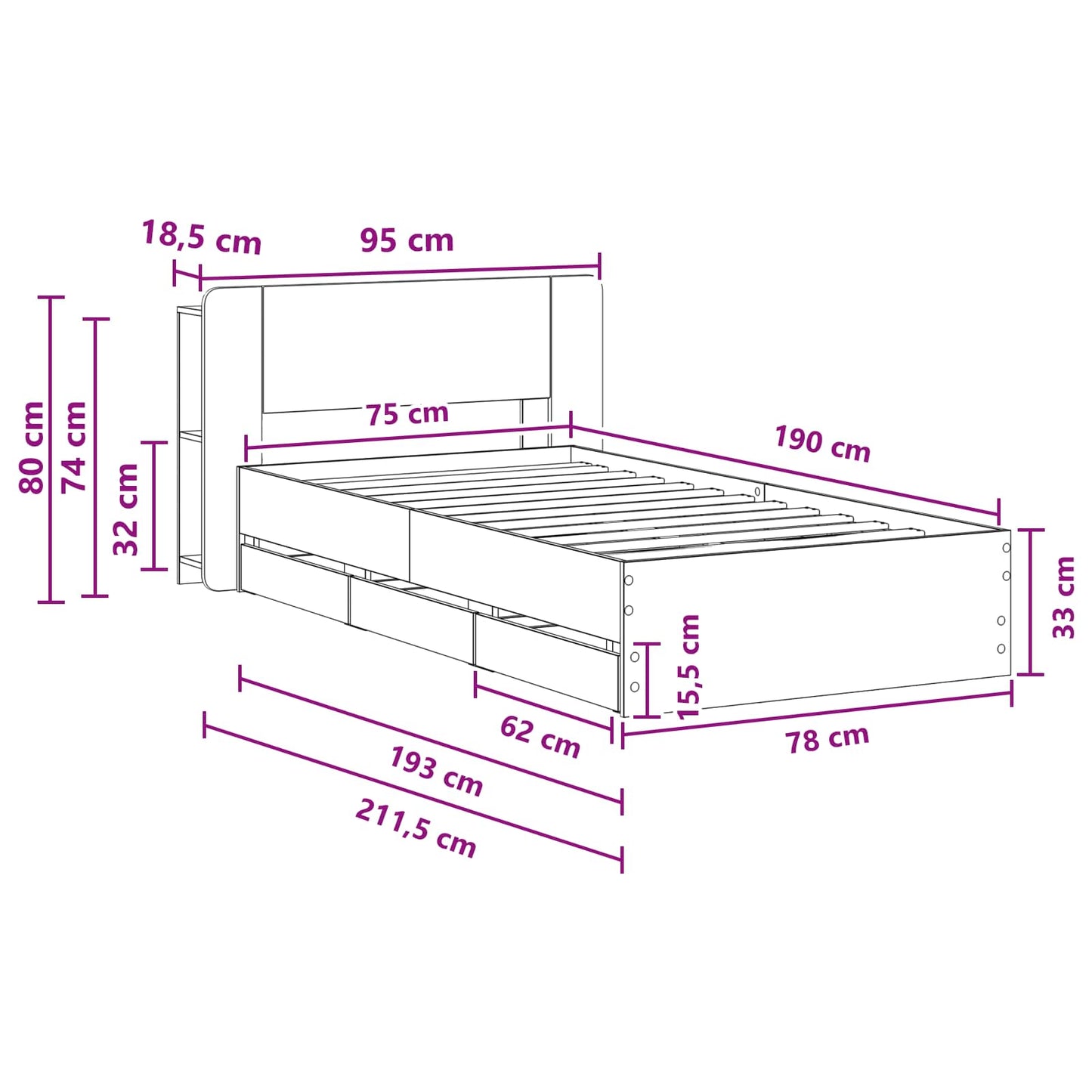 Sengestel med opbevaring og hovedgærde Betongrå 75 x 190 cm