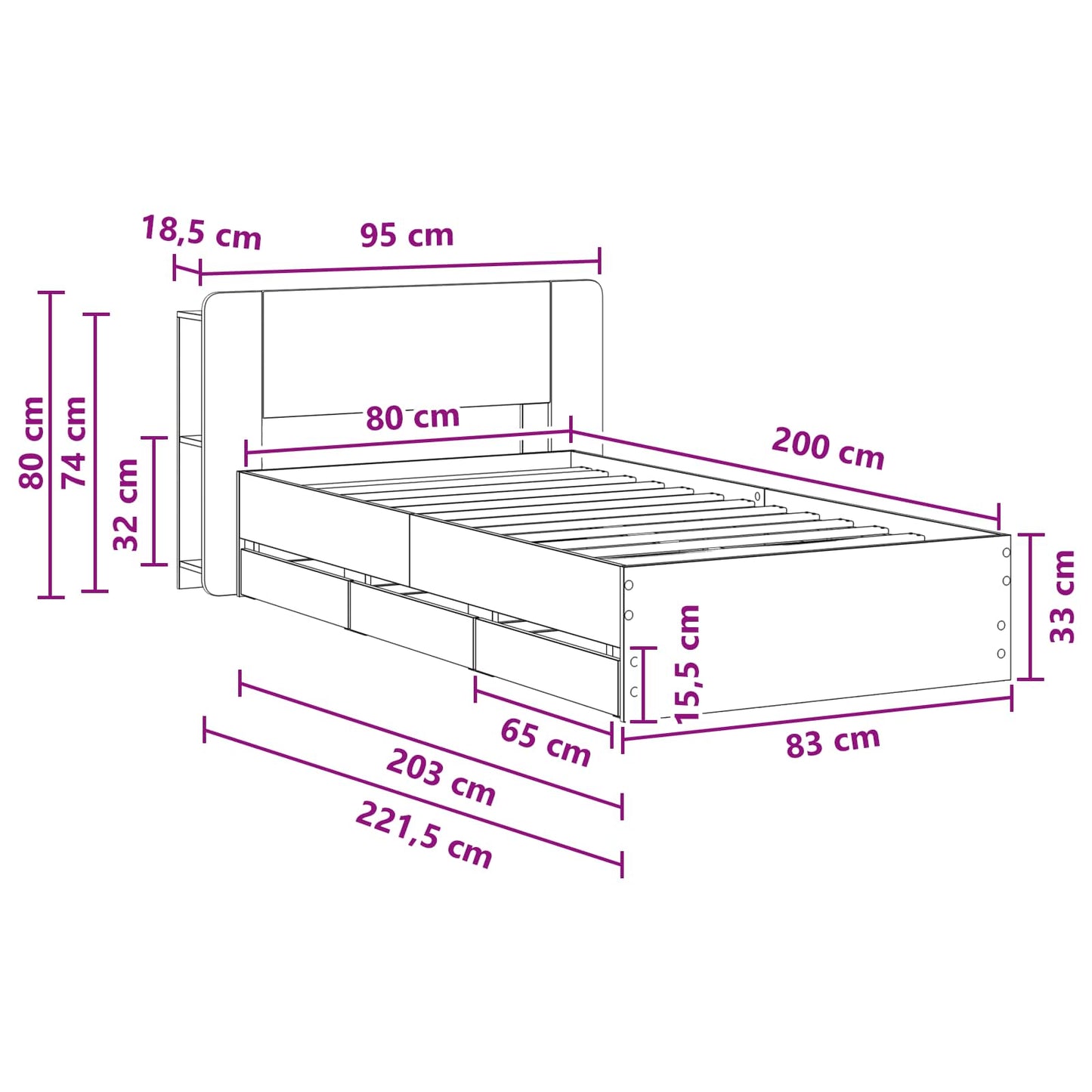 Sengestel med opbevaring og hovedgærde Grå Sonoma 80 x 200 cm