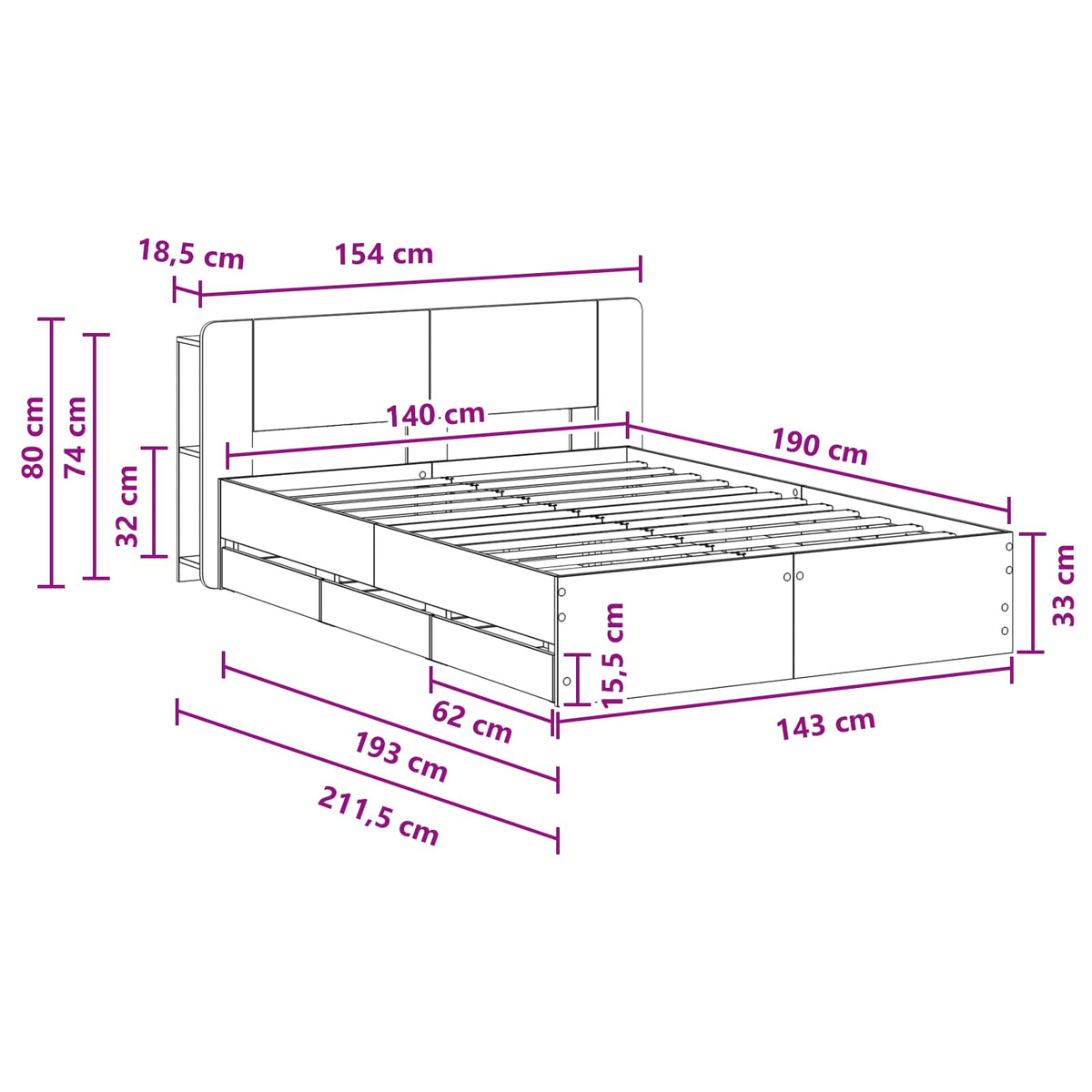 Sengestel med opbevaring og hovedgærde Røget eg 135 x 190 cm