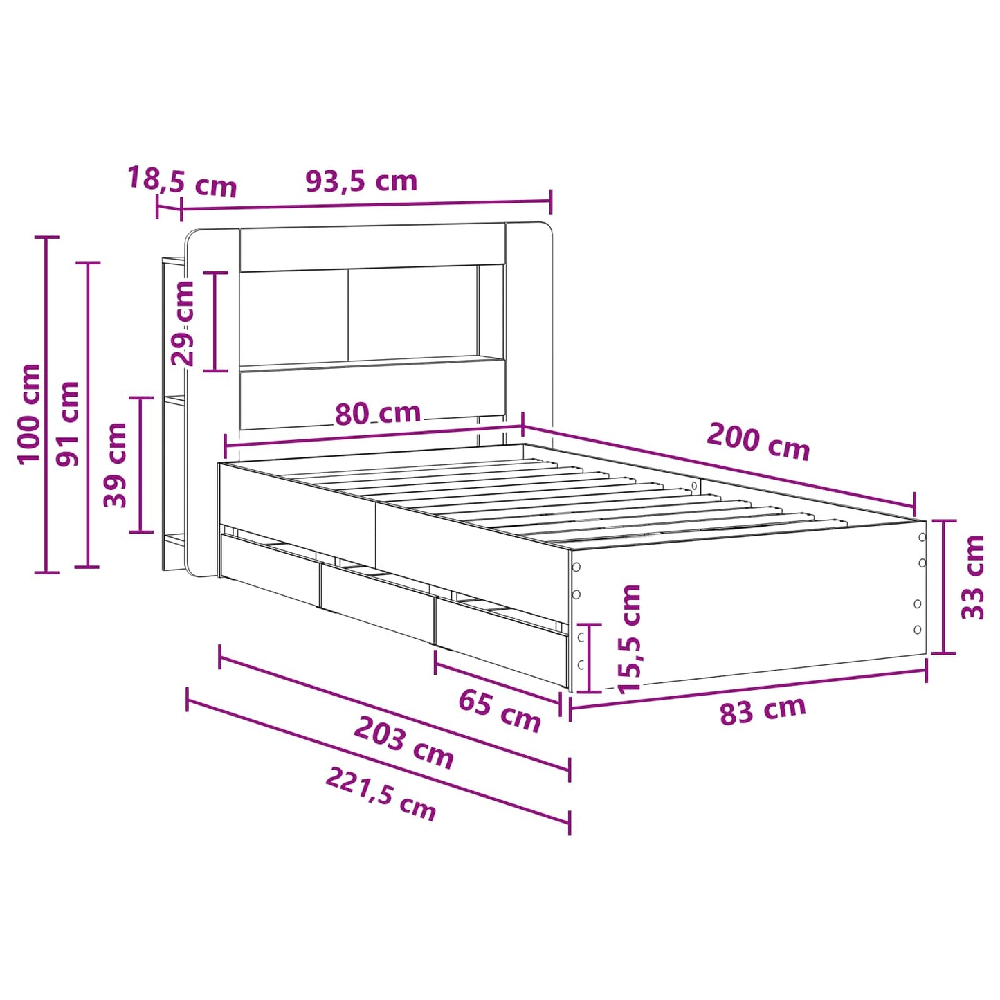 Sengestel med opbevaring og hovedgærde Betongrå 80 x 200 cm