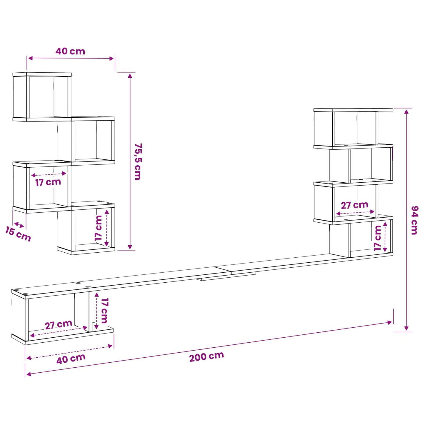 Væghængt TV-hylde Sonoma-eg 200 x 15 x 94 cm Konstrueret træ