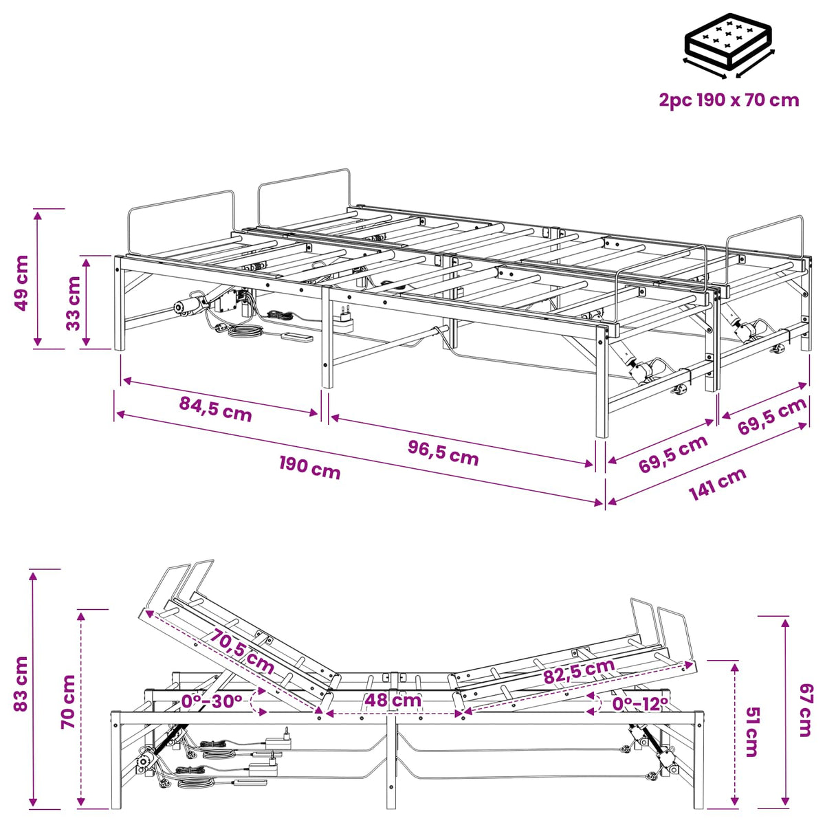 Elektrisk Justerbar Sengetramme Sort 140 x 190 cm Stål