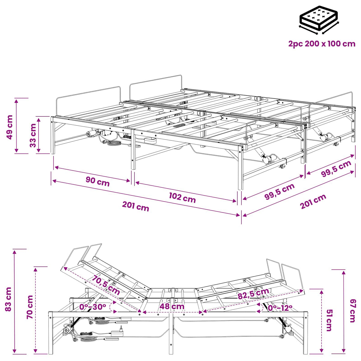 Elektrisk Justerbar Sengetramme Sort 200 x 200 cm Stål