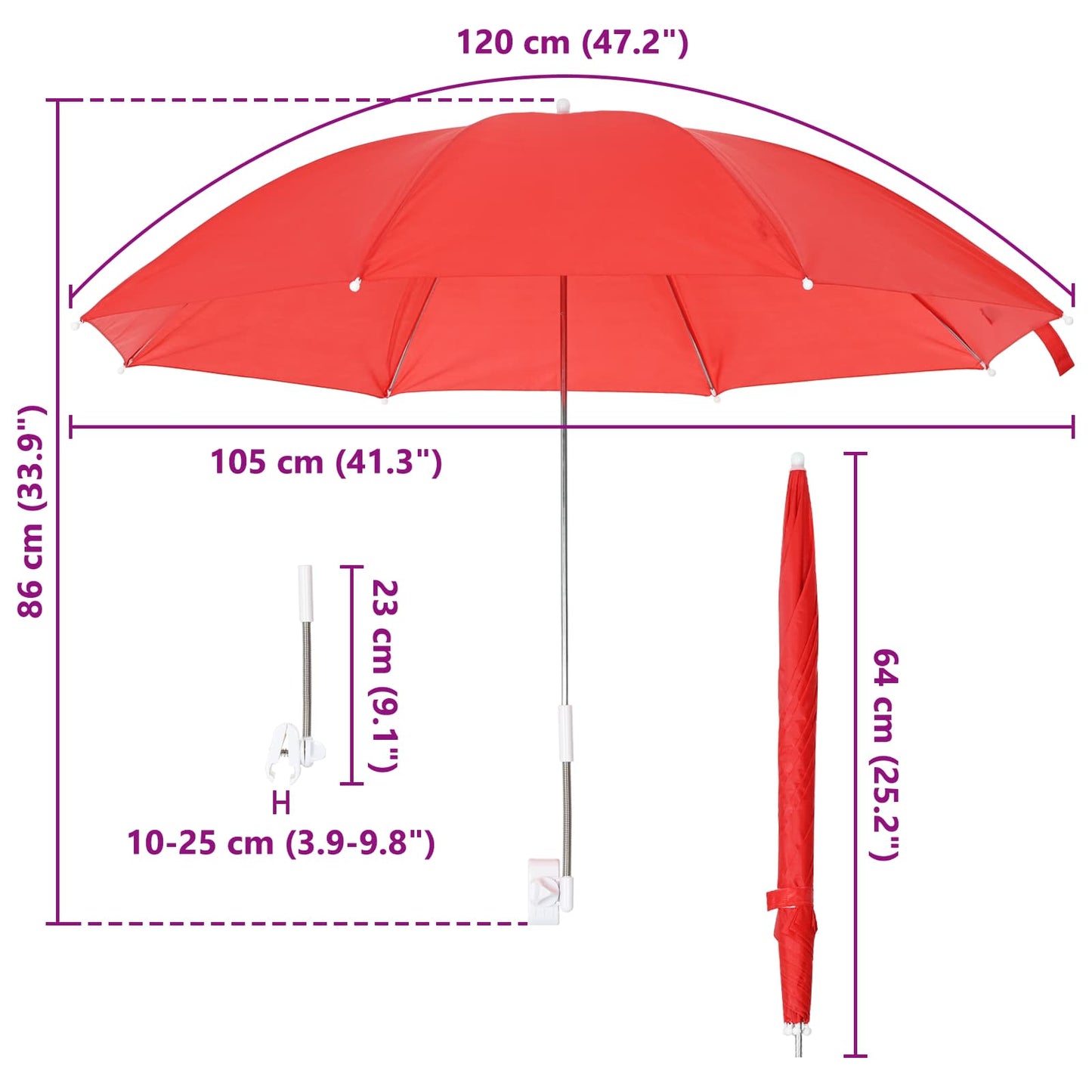Parasol med klemme Ø 105 x 86 cm 170T polyester 2 stk.