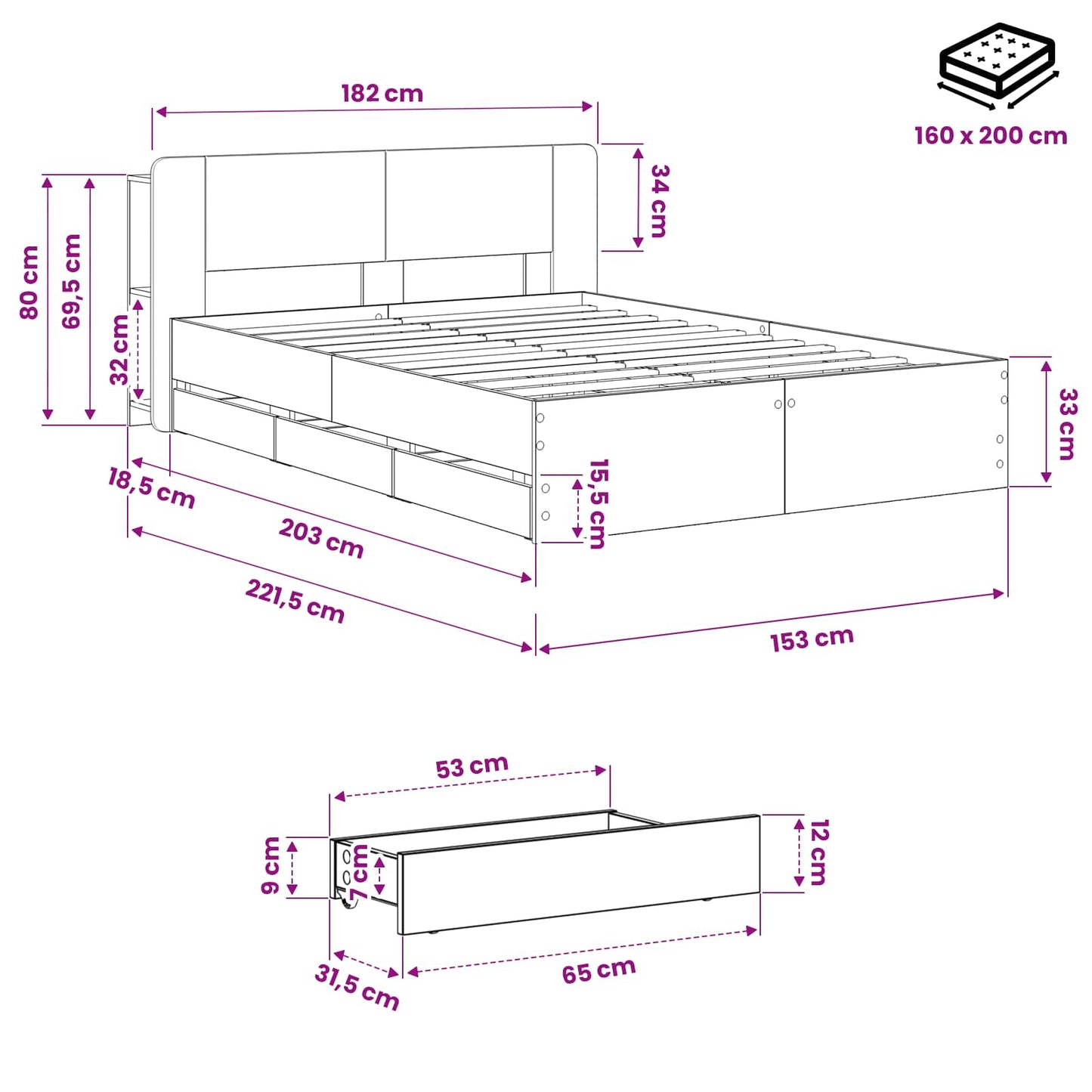 Sengestel med opbevaring og hovedgærde Artisan-eg 150 x 200 cm