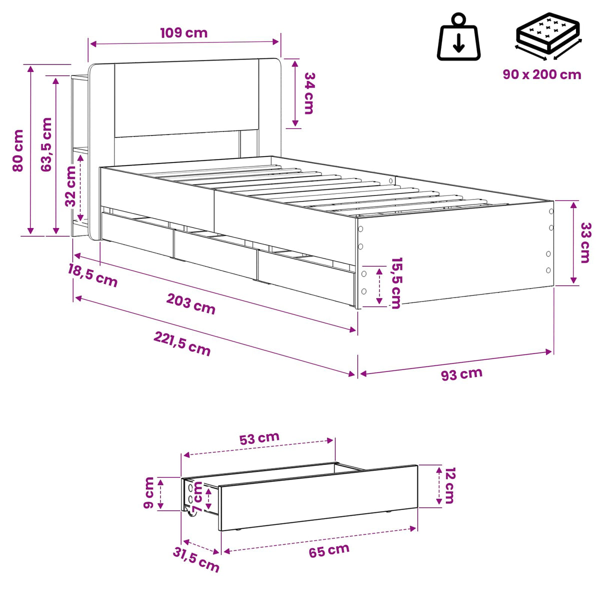 Sengestel med opbevaring og hovedgærde Artisan-eg 90 x 200 cm