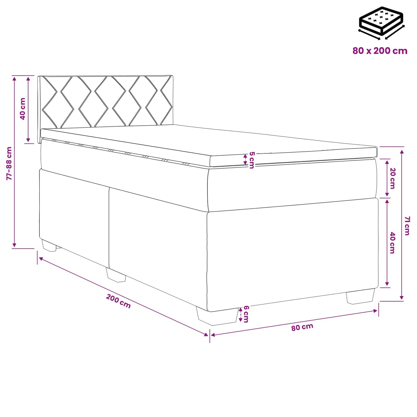 Boxmadras med topmadras med hovedgærde Lysegrå 80 x 200 cm Stof