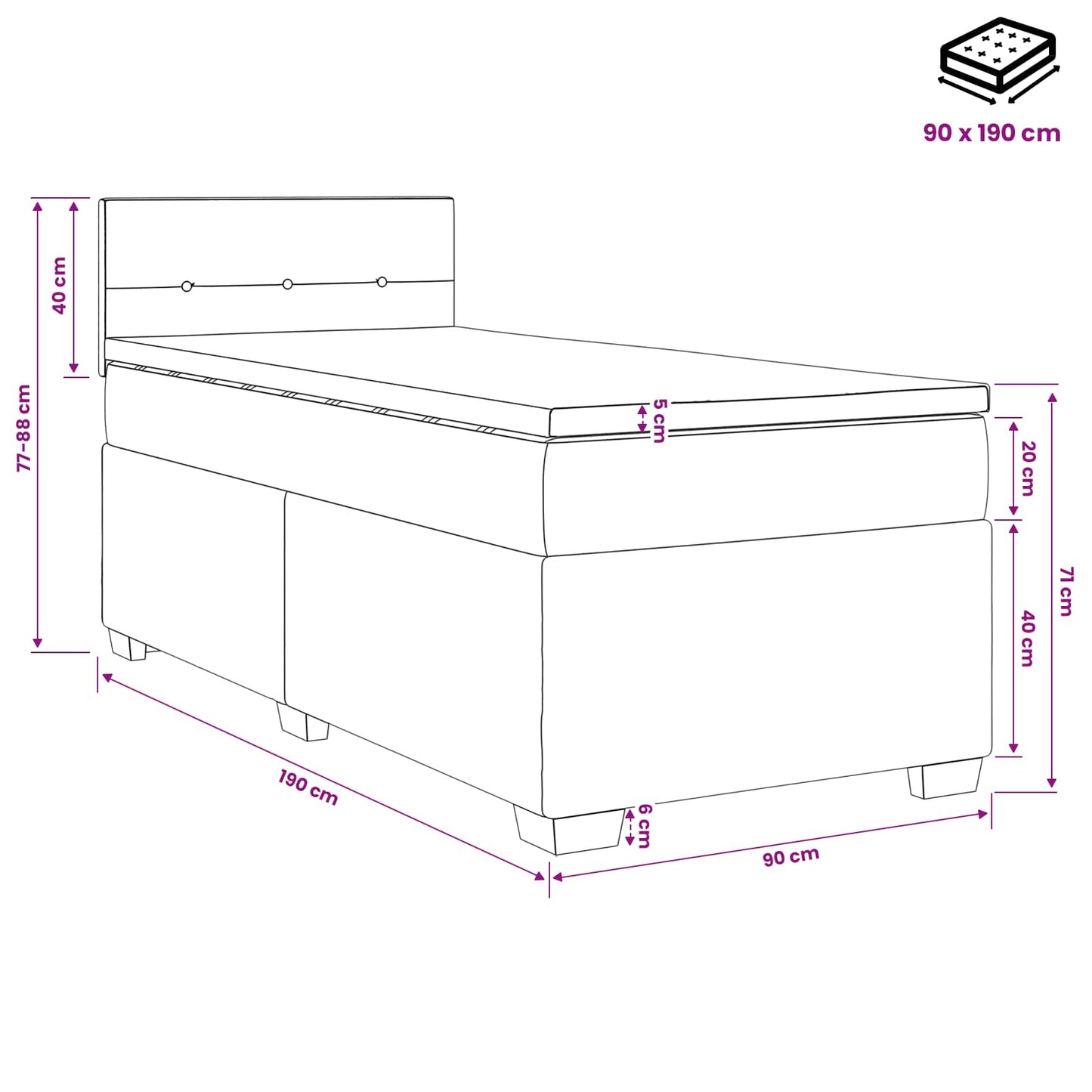Boxmadras med topmadras med hovedgærde Lysegrå 90 x 190 cm Stof