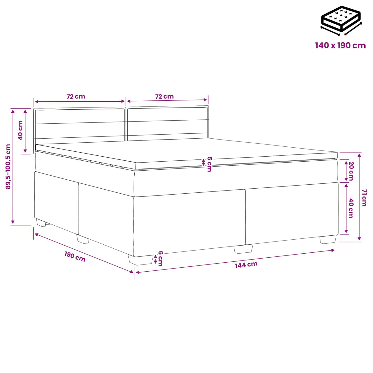 Boxmadras med topmadras med hovedgærde Blå 140 x 190 cm Stof