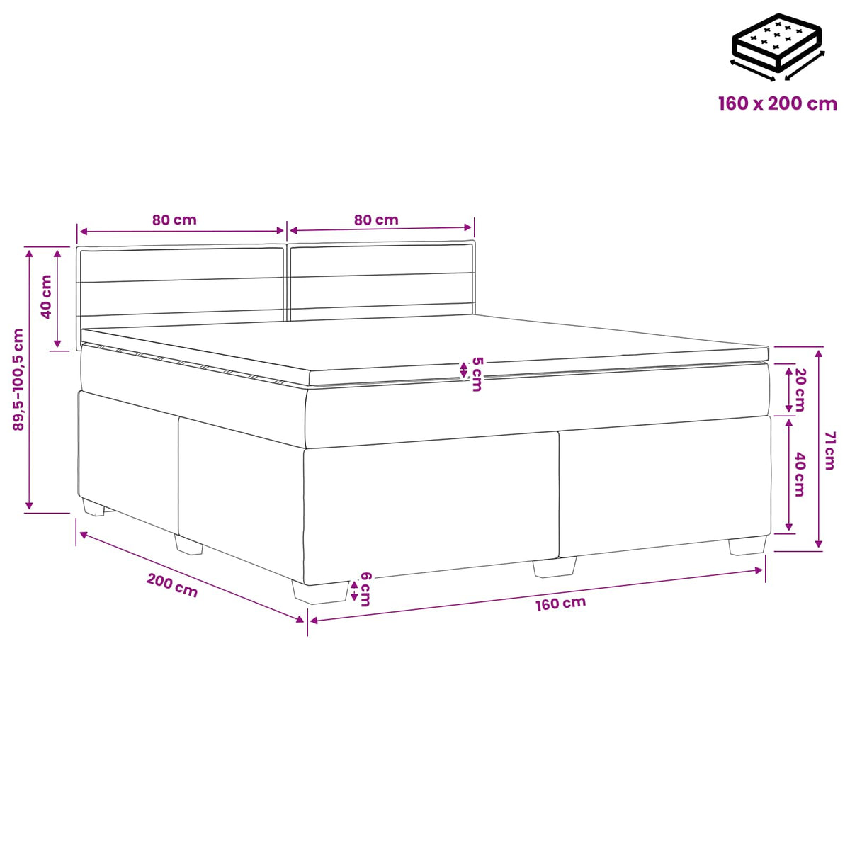 Boxmadras med topmadras Lysegrå 160 x 200 cm Stof