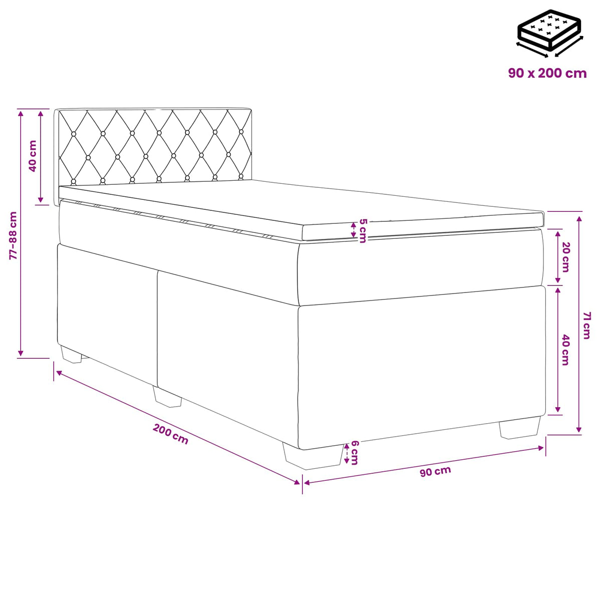 Boxmadras med topmadras Lysegrå 90 x 200 cm Fløjl