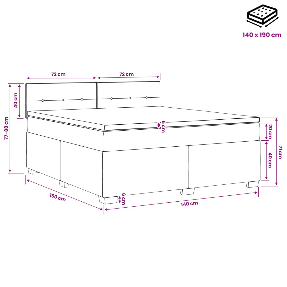 Boxmadras med topmadras Lyserød 140 x 190 cm Fløjl