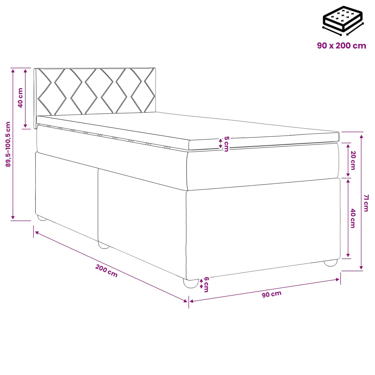Boxmadras med topmadras Cremefarvet 90 x 200 cm Stof