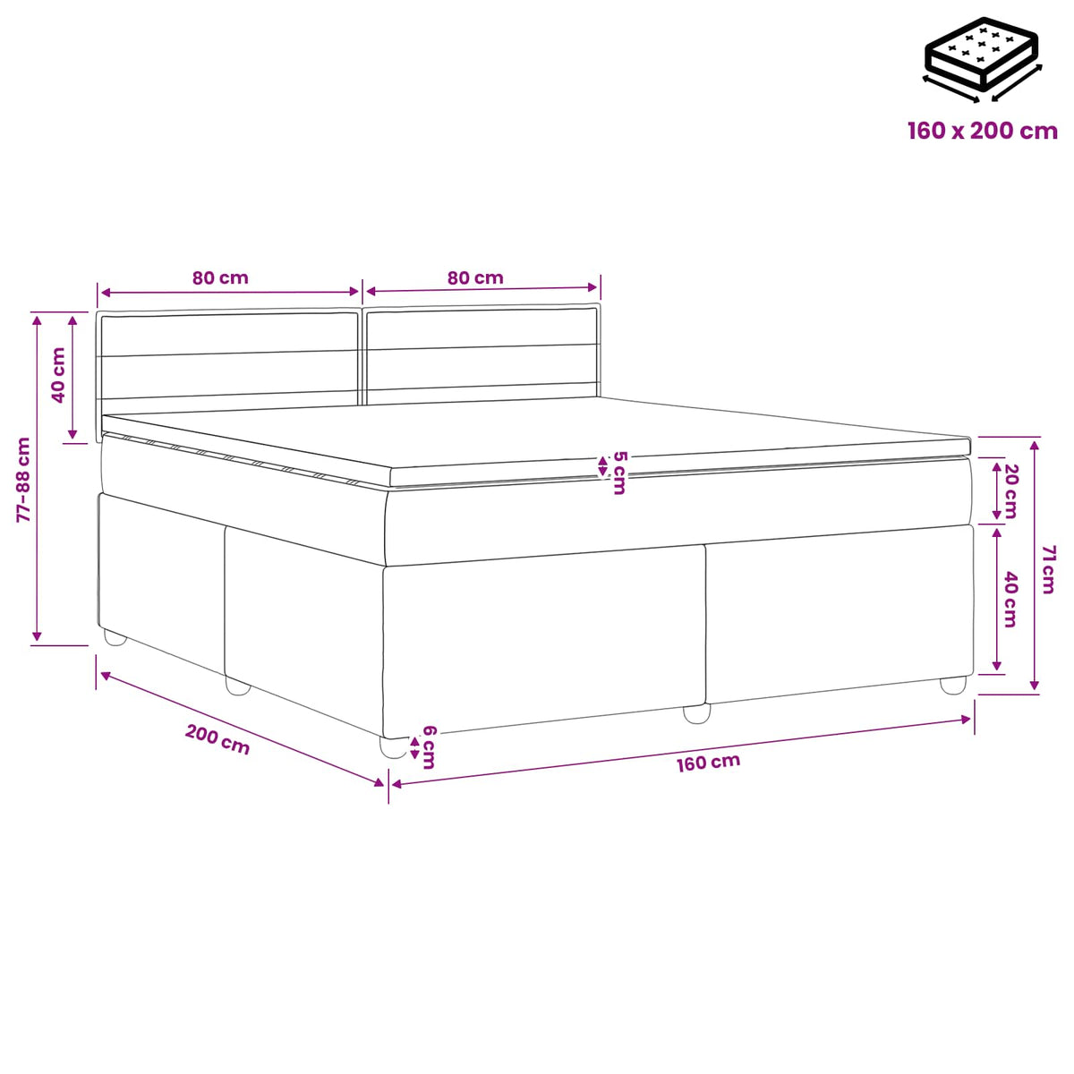 Boxmadras med topmadras Mørkegrå 160 x 200 cm Stof