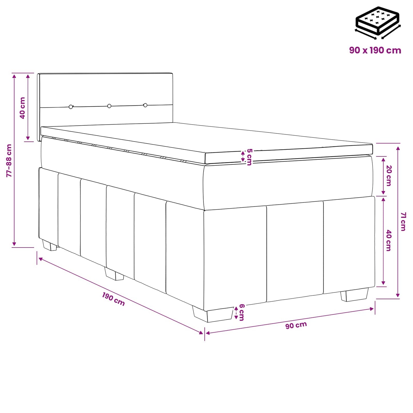 Boxmadras med topmadras med hovedgærde Sort 90 x 190 cm Stof
