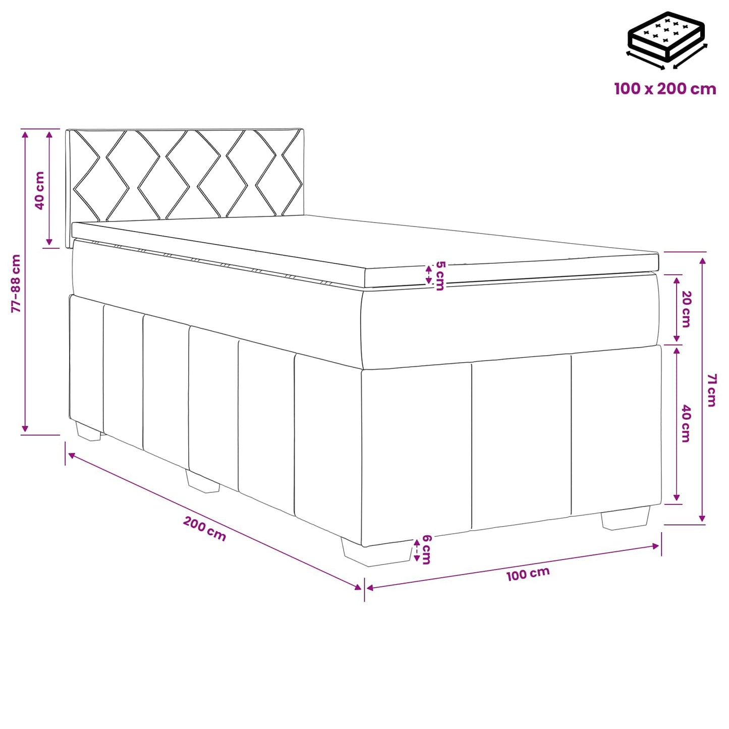 Boxmadras med topmadras med hovedgærde Sort 100 x 200 cm Stof