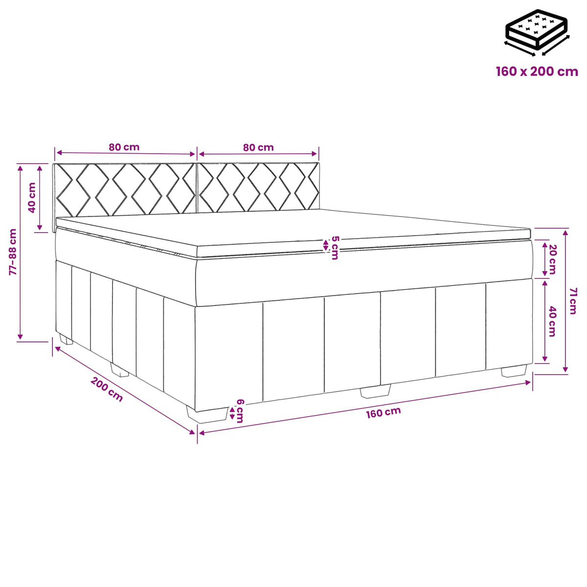 Boxmadras med topmadras Lysegrå 160 x 200 cm Stof