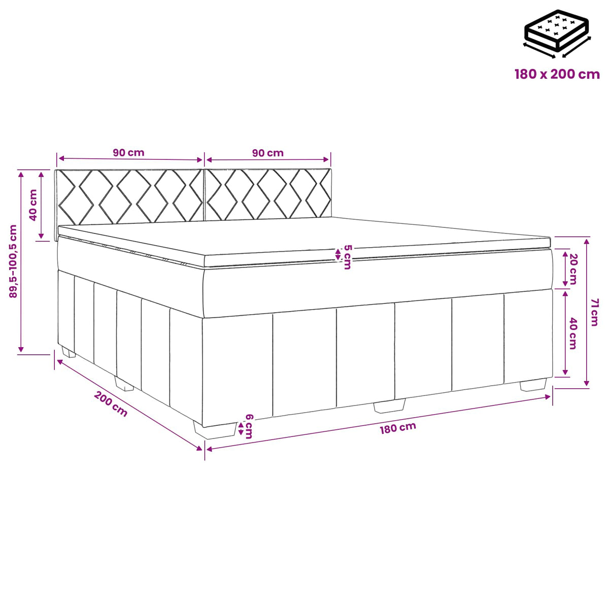 Boxmadras med topmadras med hovedgærde Sort 180 x 200 cm Stof