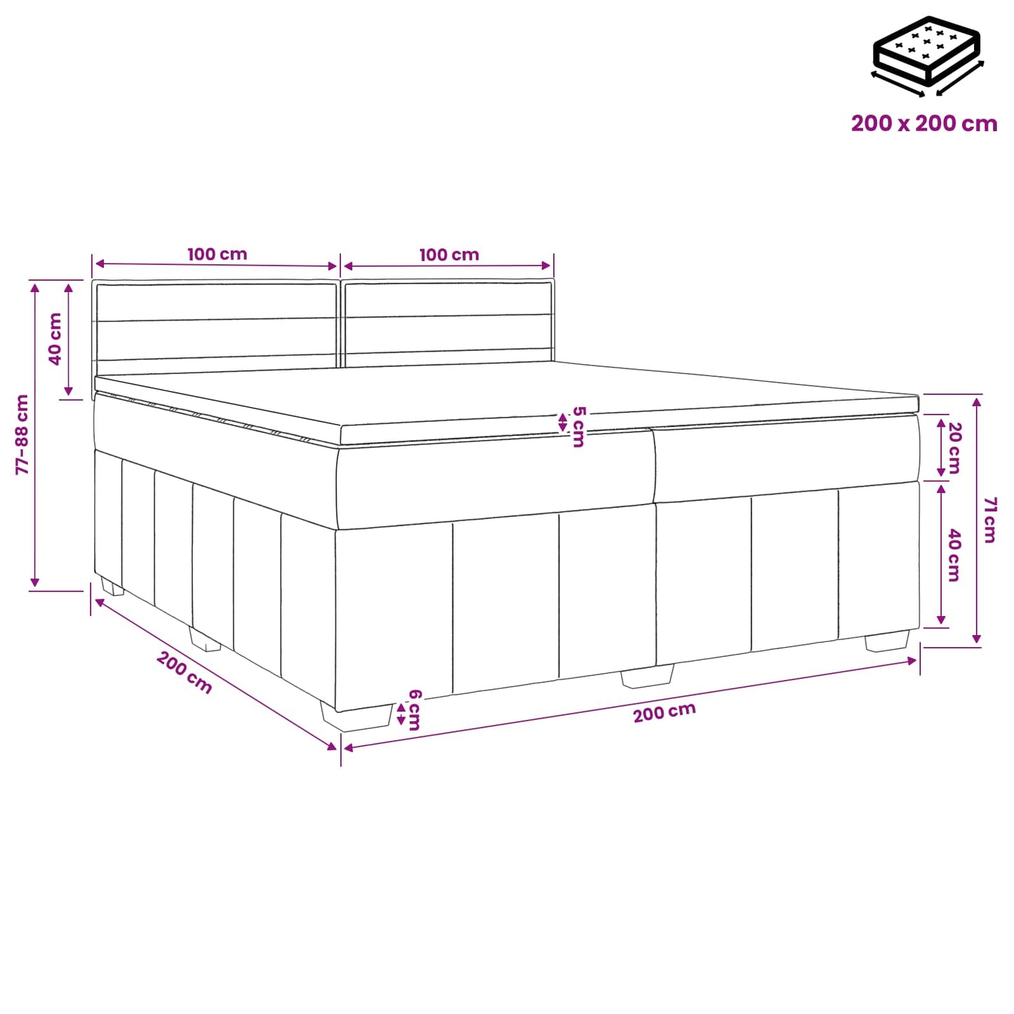 Boxmadras med topmadras Lysegrå 200 x 200 cm Stof