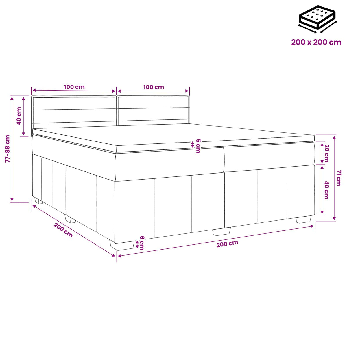 Boxmadras med topmadras Mørkegrå 200 x 200 cm Stof