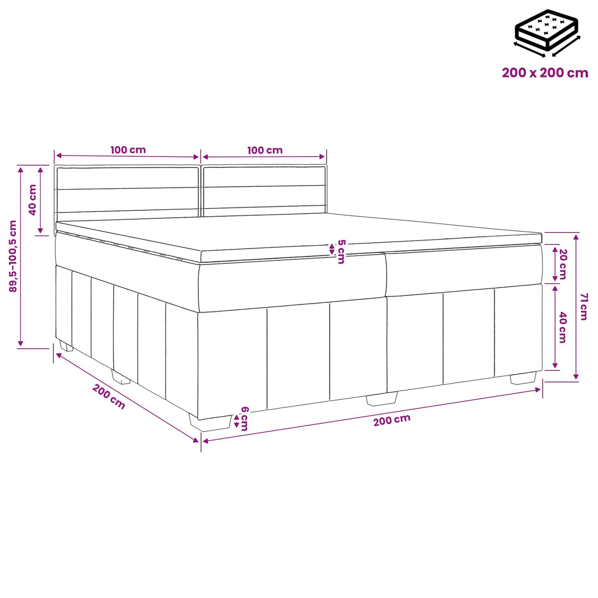 Boxmadras med topmadras med hovedgærde Blå 200 x 200 cm Stof