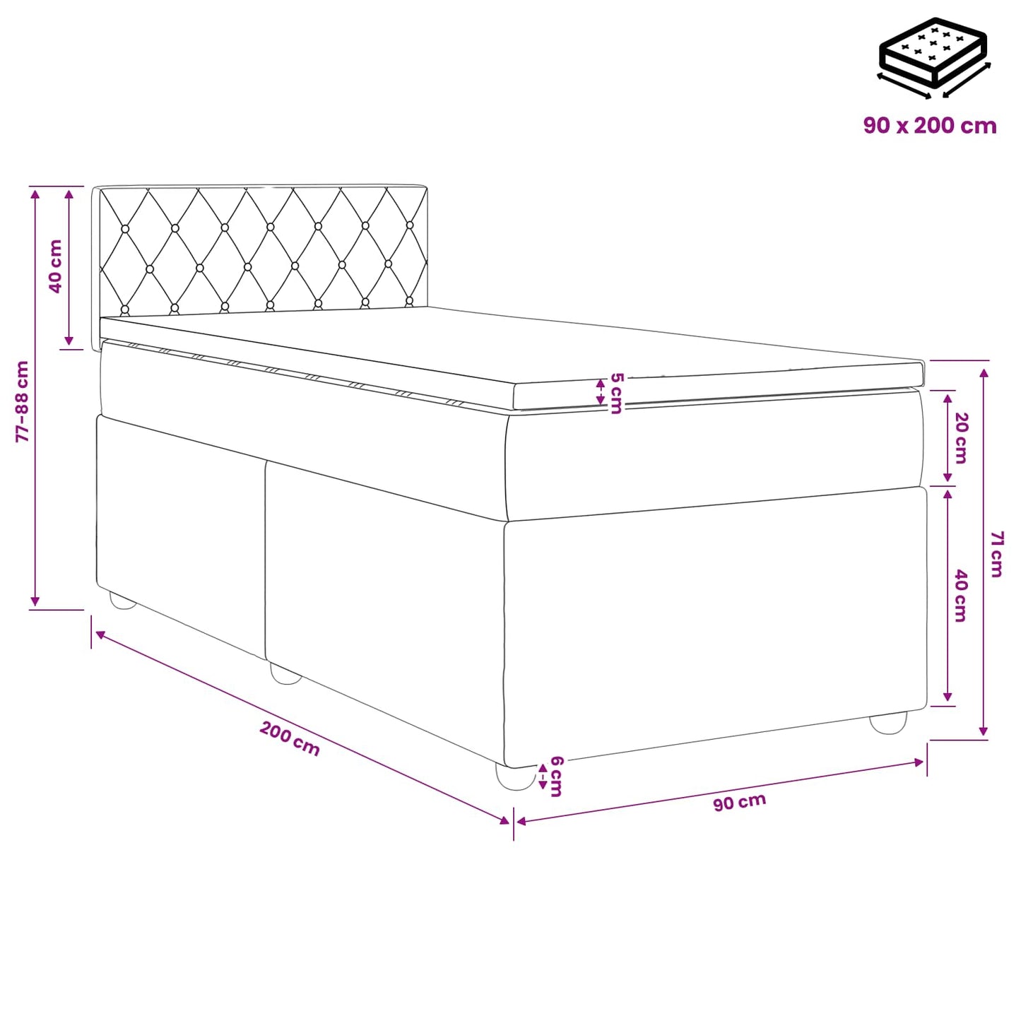 Boxmadras med topmadras med hovedgærde Sort 90 x 200 cm Fløjl
