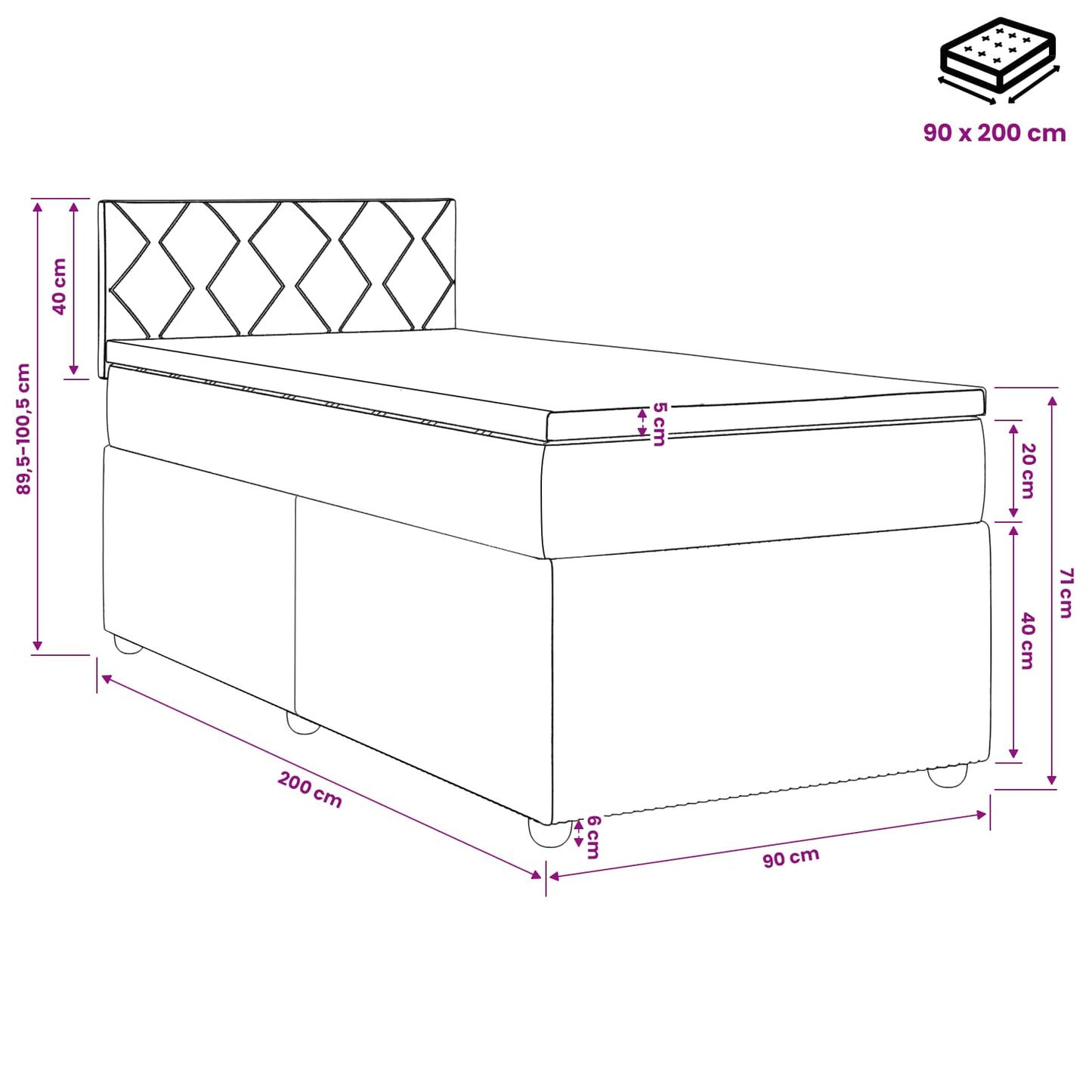 Boxmadras med topmadras Mørk blå 90 x 200 cm Fløjl