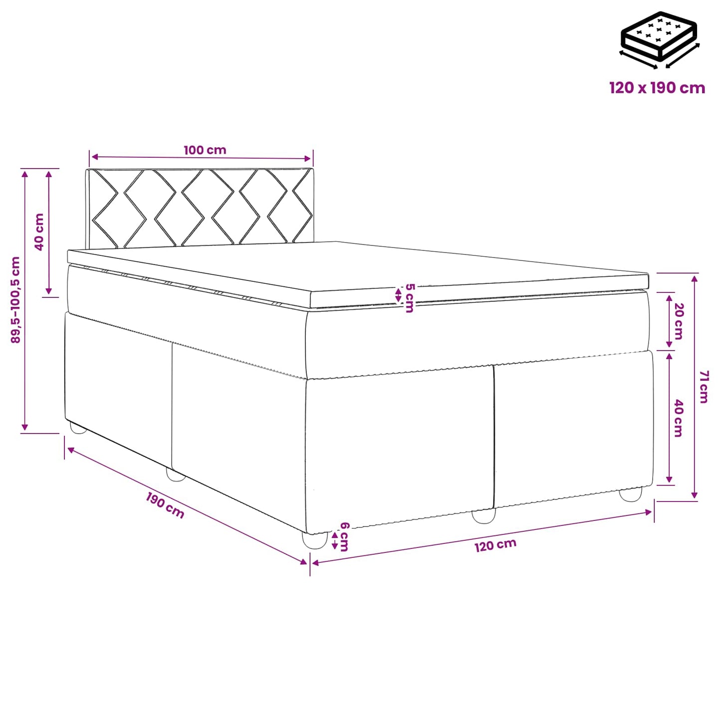 Boxmadras med topmadras Mørkegrøn 120 x 190 cm Fløjl