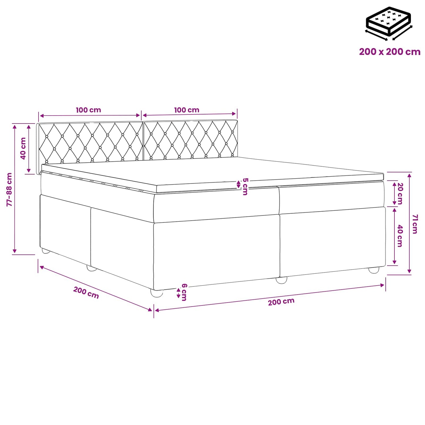 Boxmadras med topmadras Lysegrå 200 x 200 cm Fløjl