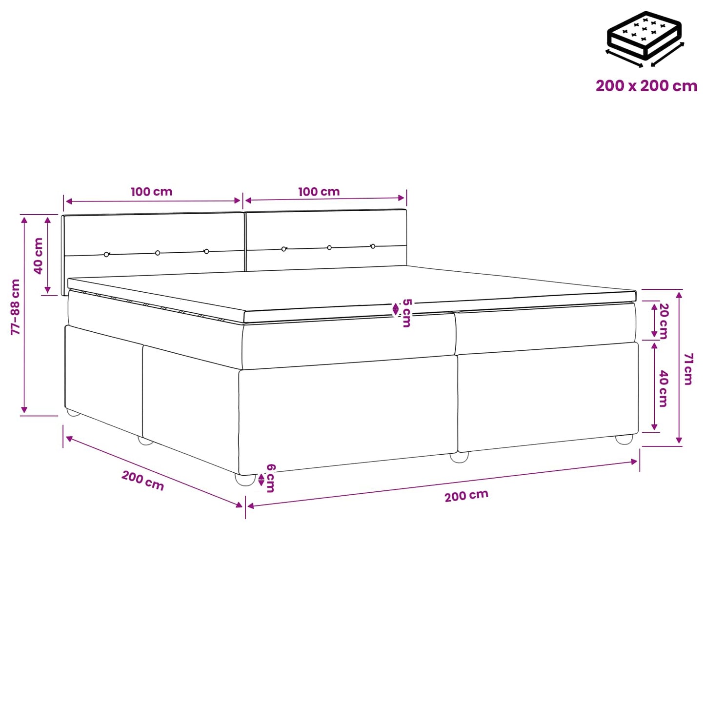Boxmadras med topmadras Mørkegrå 200 x 200 cm Fløjl