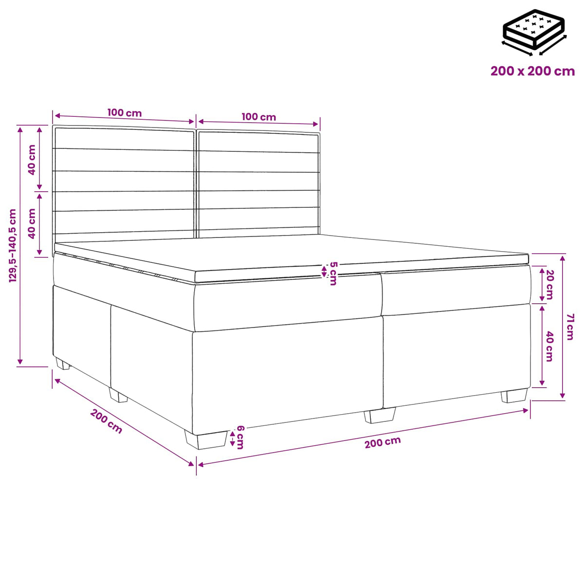 Boxmadras med topmadras med hovedgærde Blå 200 x 200 cm Stof
