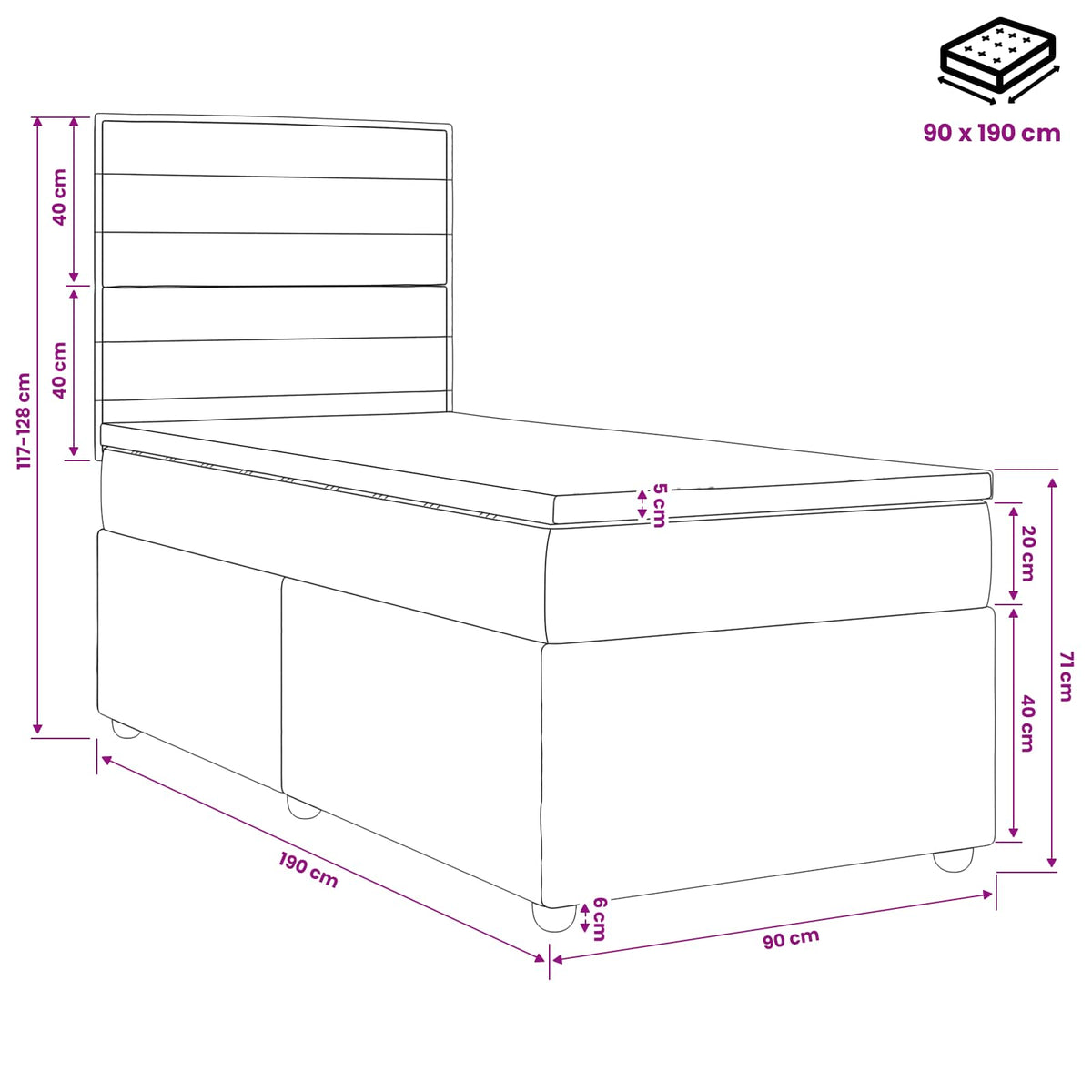 Boxmadras med topmadras med hovedgærde Sort 90 x 190 cm Stof