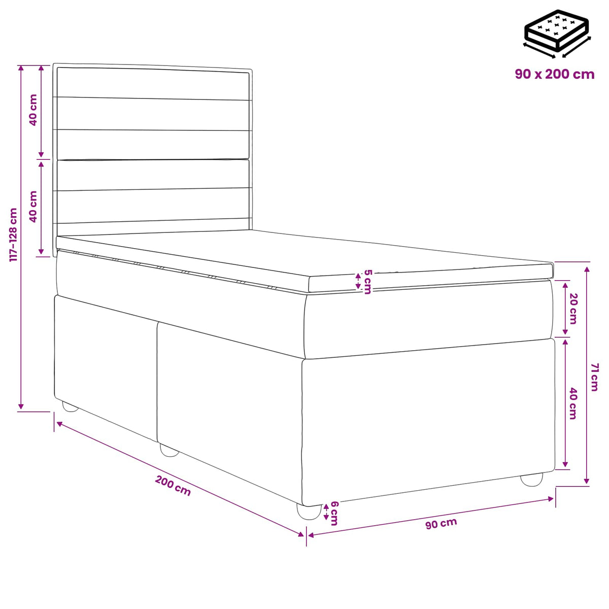 Boxmadras med topmadras med hovedgærde Sort 90 x 200 cm Stof