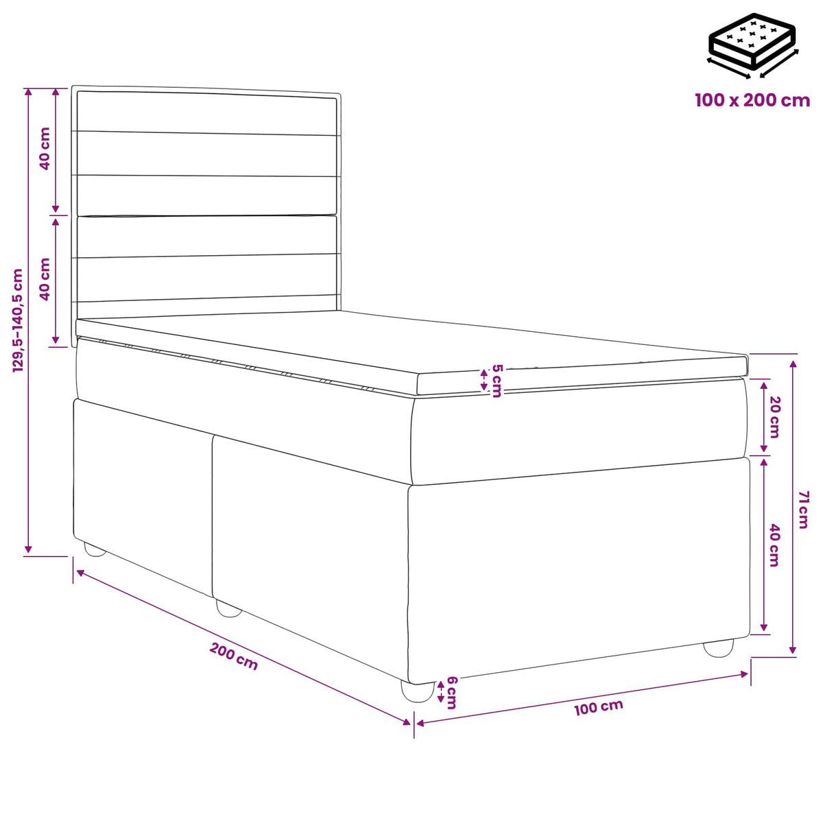 Boxmadras med topmadras med hovedgærde Blå 100 x 200 cm Stof