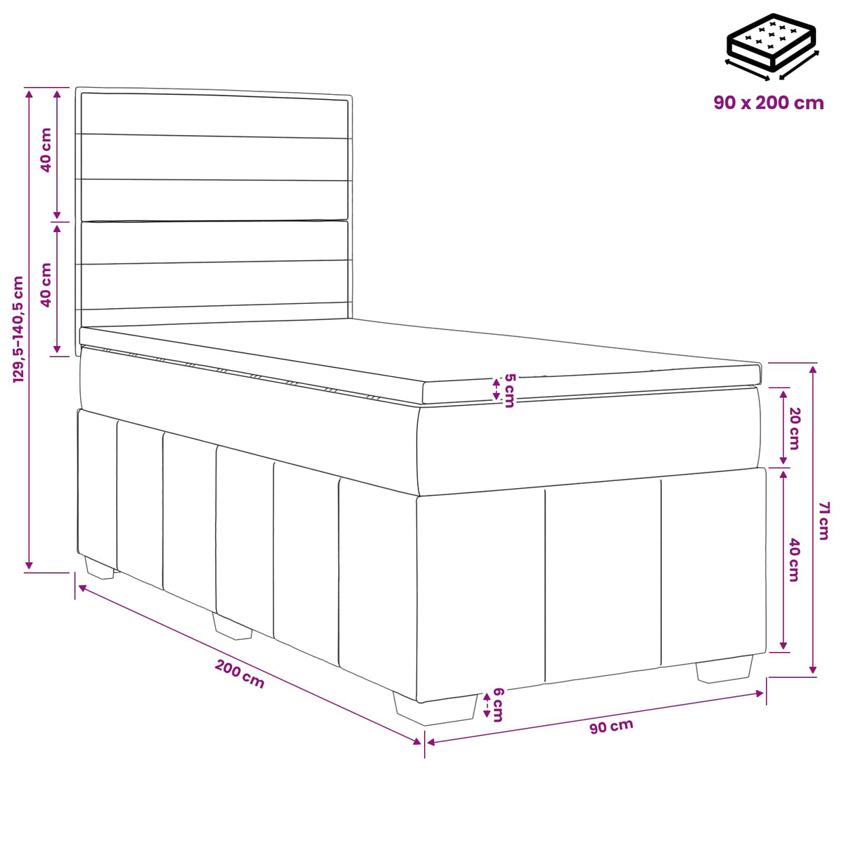 Boxmadras med topmadras med hovedgærde Lysegrå 90 x 200 cm Stof