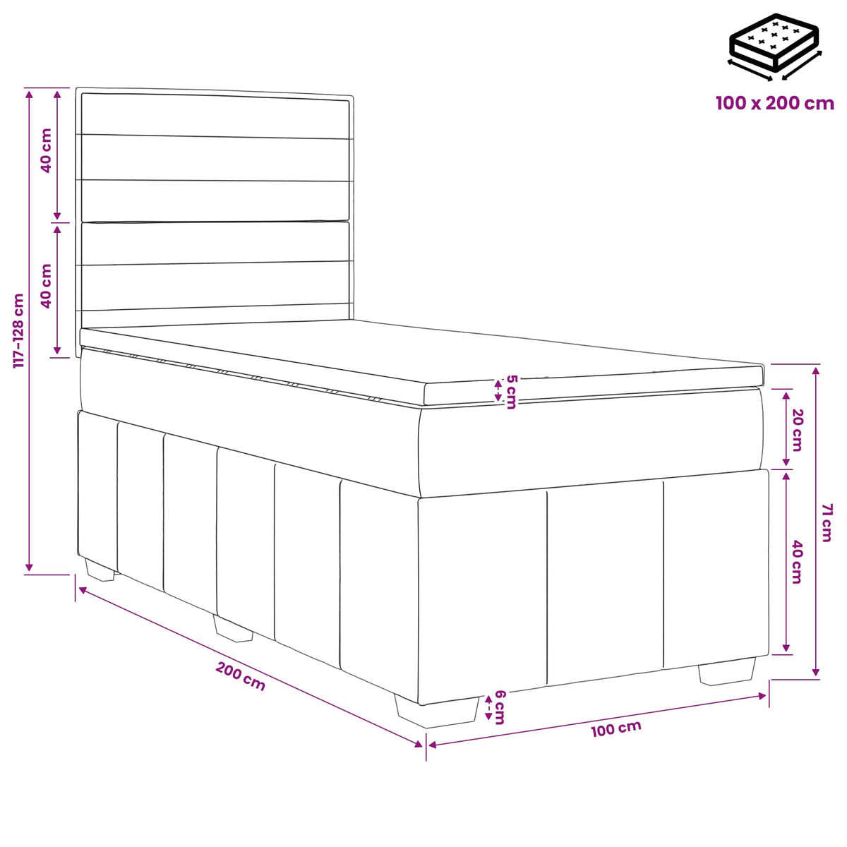Boxmadras med topmadras Lysegrå 100 x 200 cm Stof