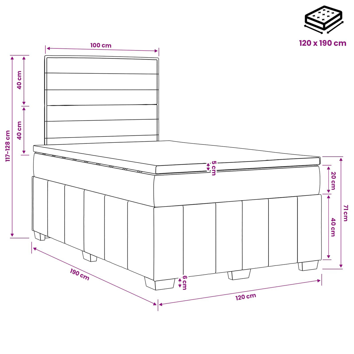 Boxmadras med topmadras Lysegrå 120 x 190 cm Stof