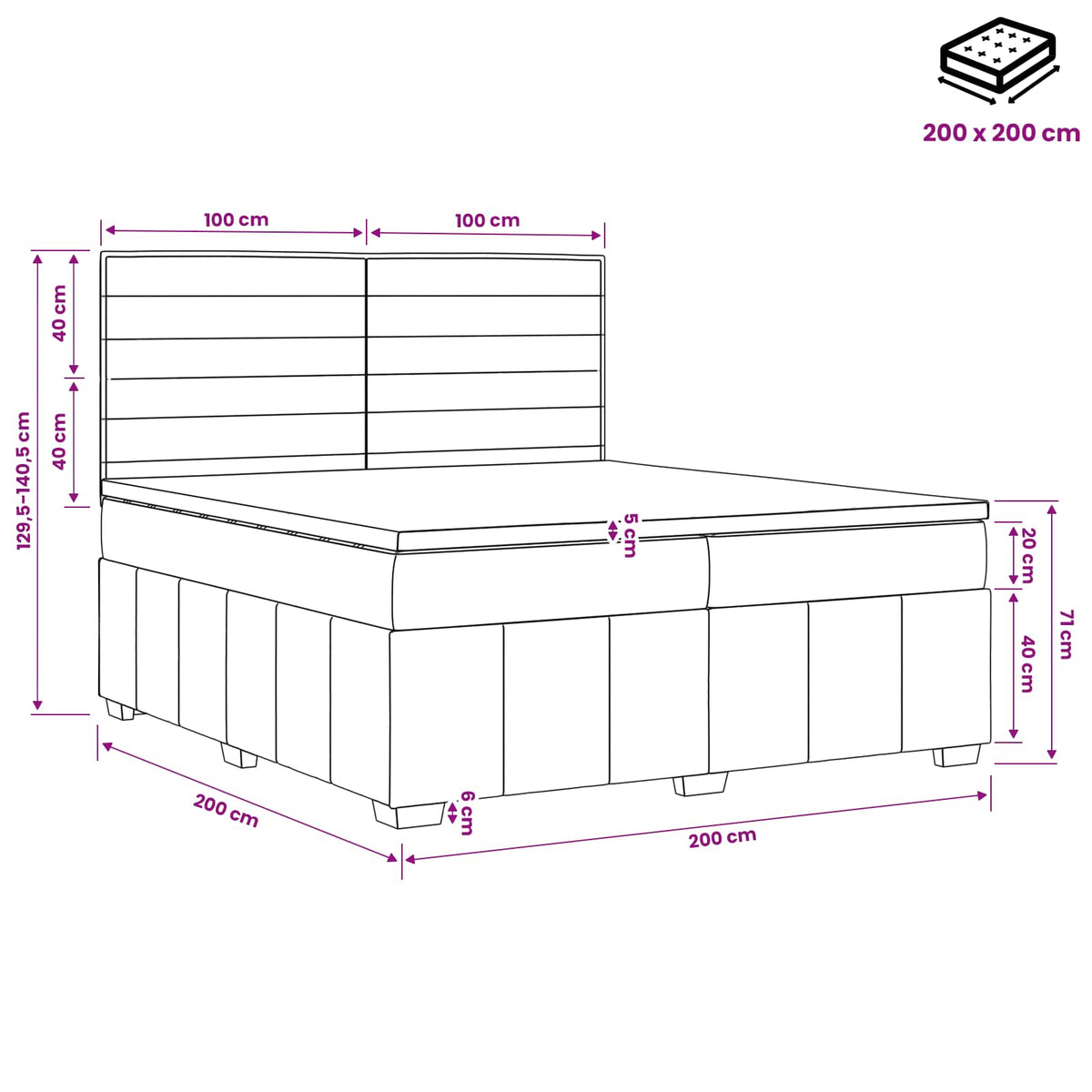 Boxmadras med topmadras med hovedgærde Blå 200 x 200 cm Stof