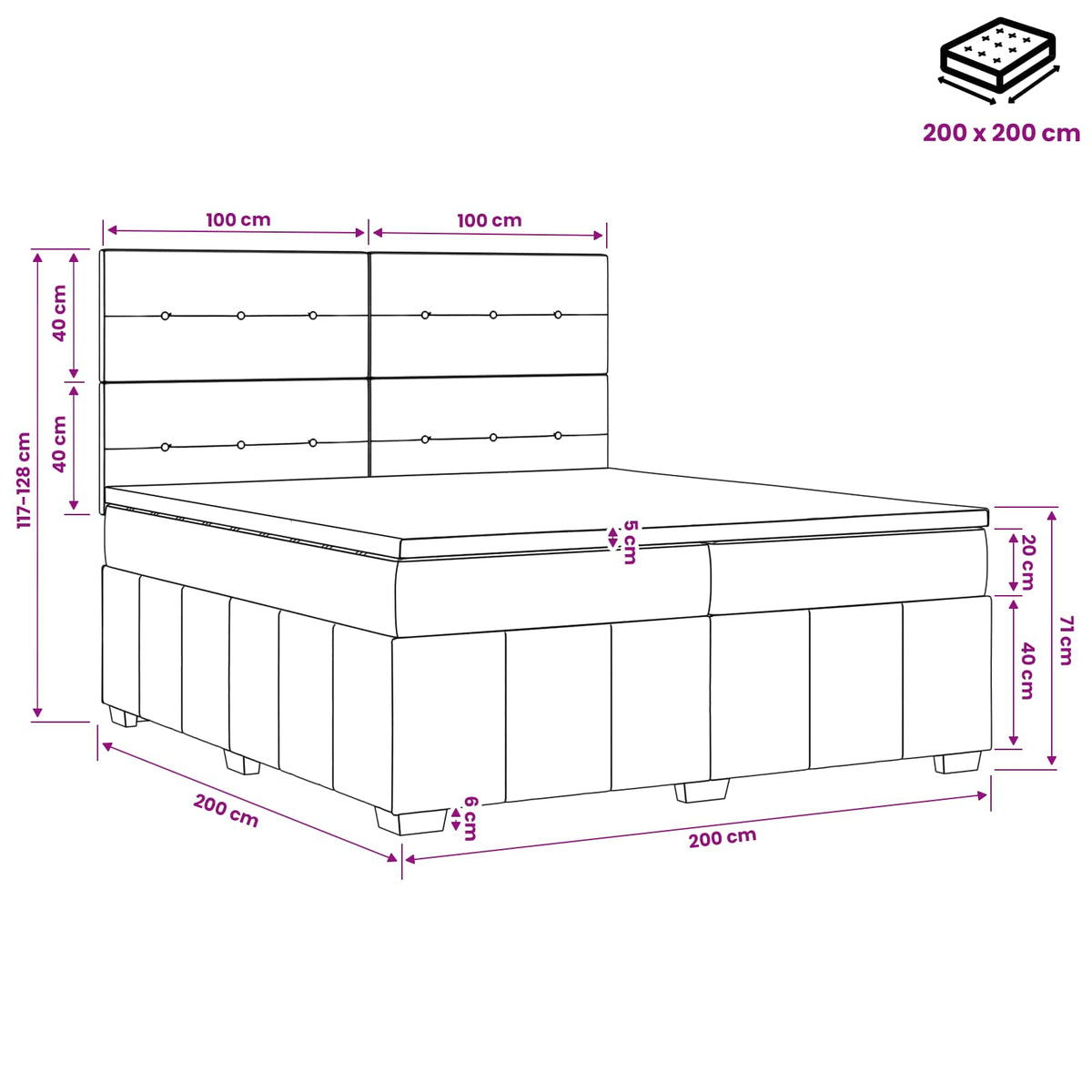 Boxmadras med topmadras Mørkegrå 200 x 200 cm Stof