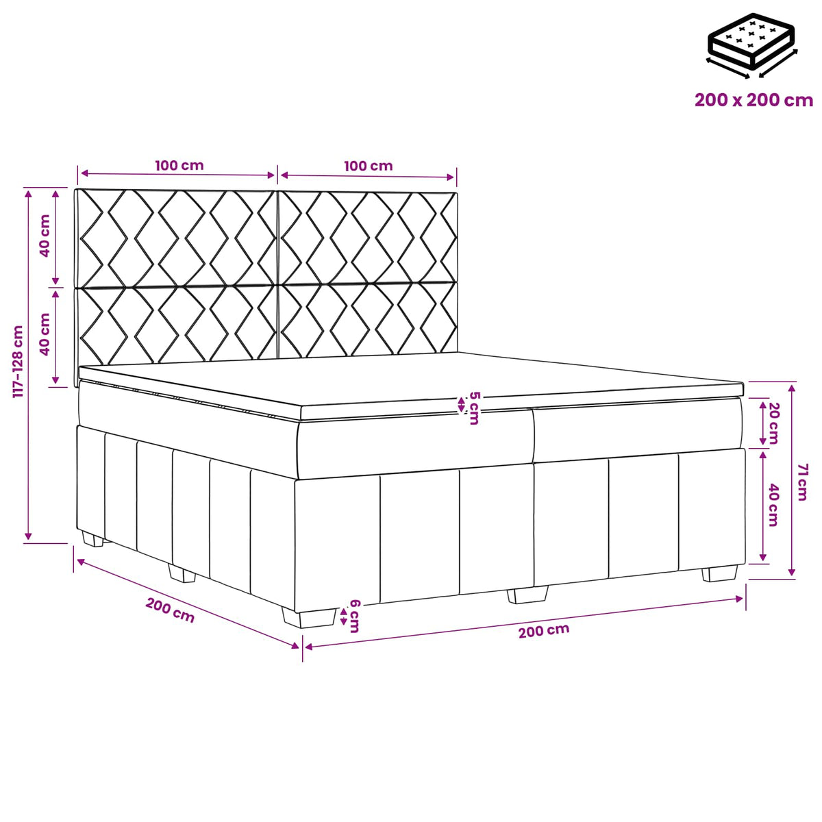 Boxmadras med topmadras Mørkegrå 200 x 200 cm Stof
