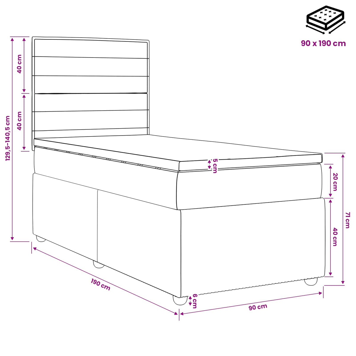 Boxmadras med topmadras Cremefarvet 90 x 190 cm Stof