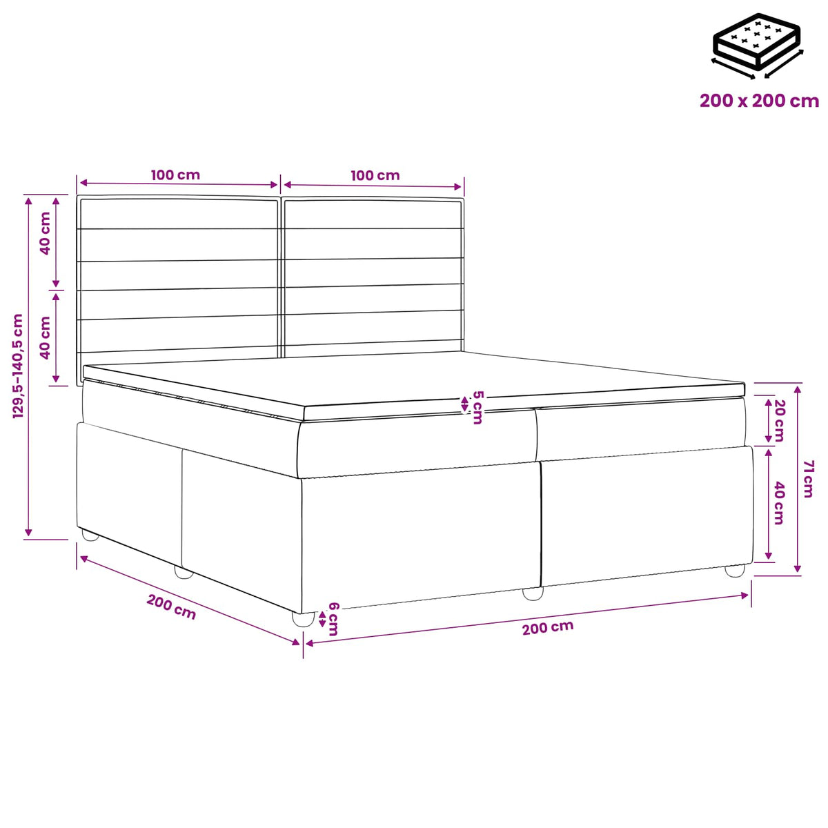 Boxmadras med topmadras Cremefarvet 200 x 200 cm Stof