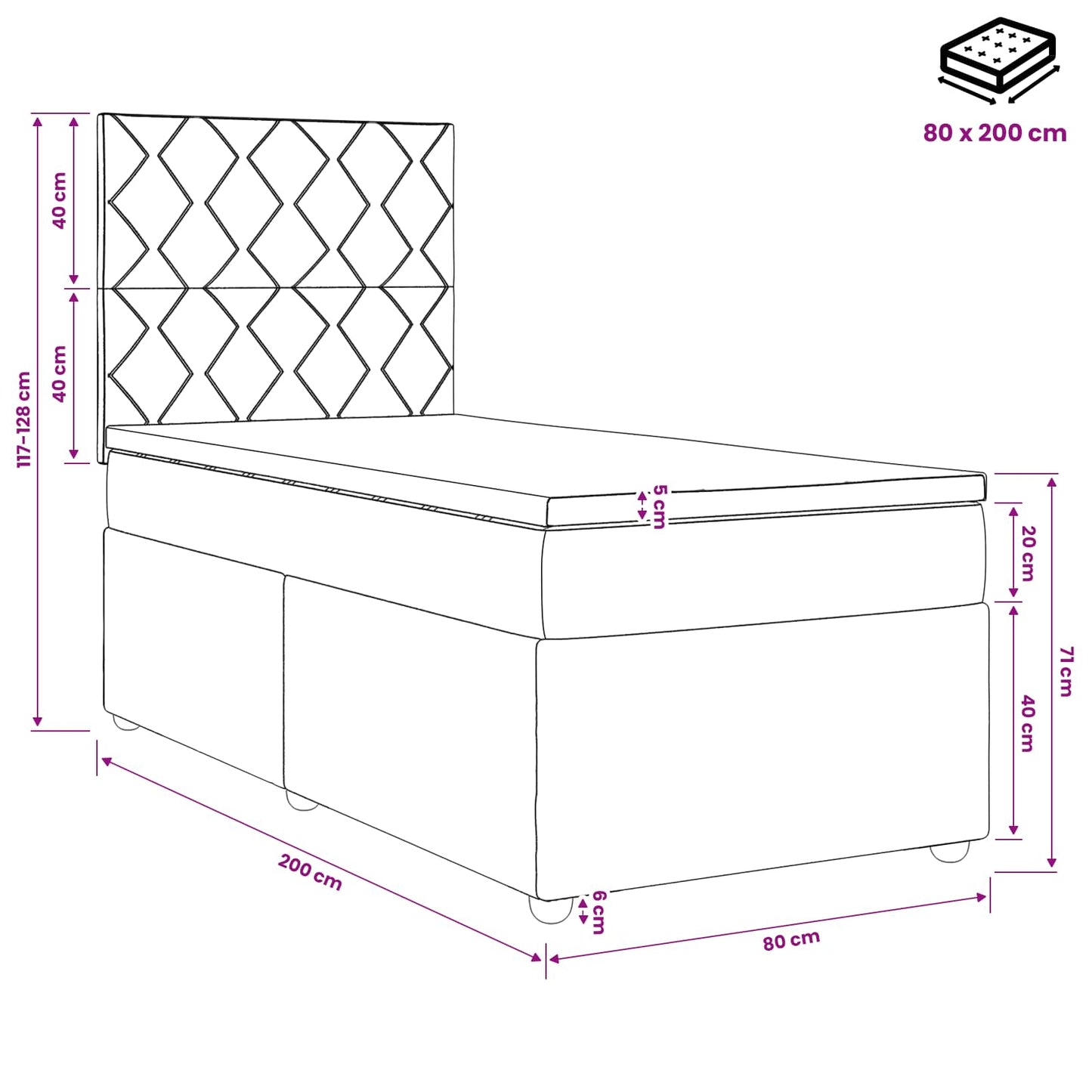Boxmadras med topmadras med hovedgærde Blå 80 x 200 cm Fløjl