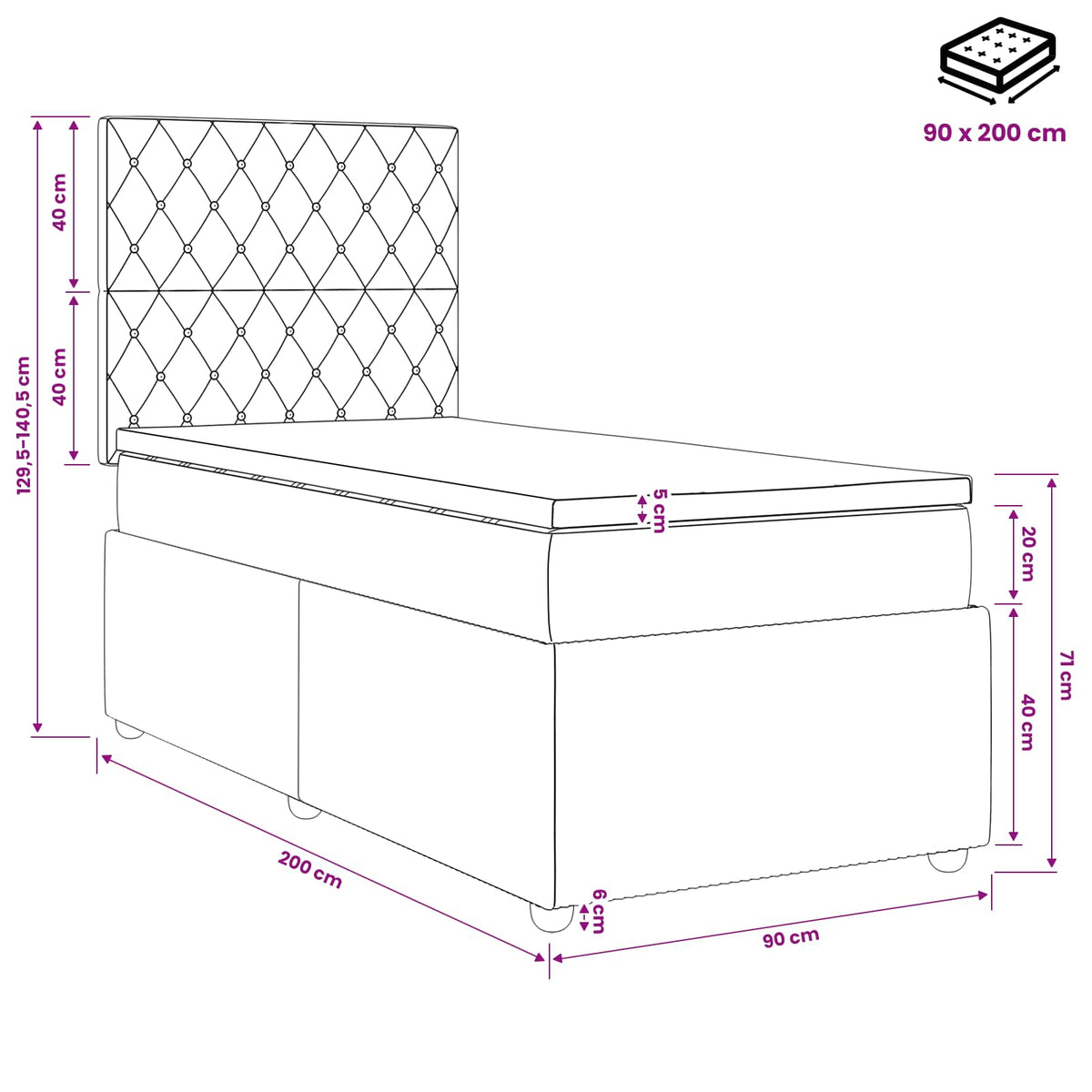 Boxmadras med topmadras med hovedgærde Sort 90 x 200 cm Fløjl