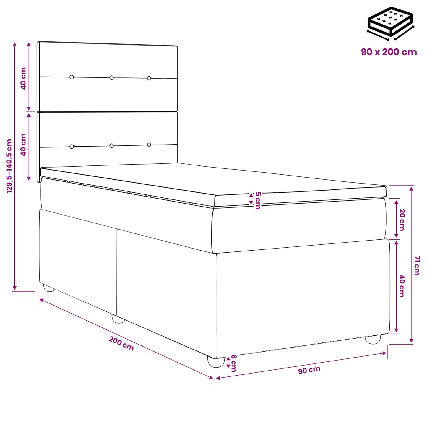 Boxmadras med topmadras med hovedgærde Sort 90 x 200 cm Fløjl