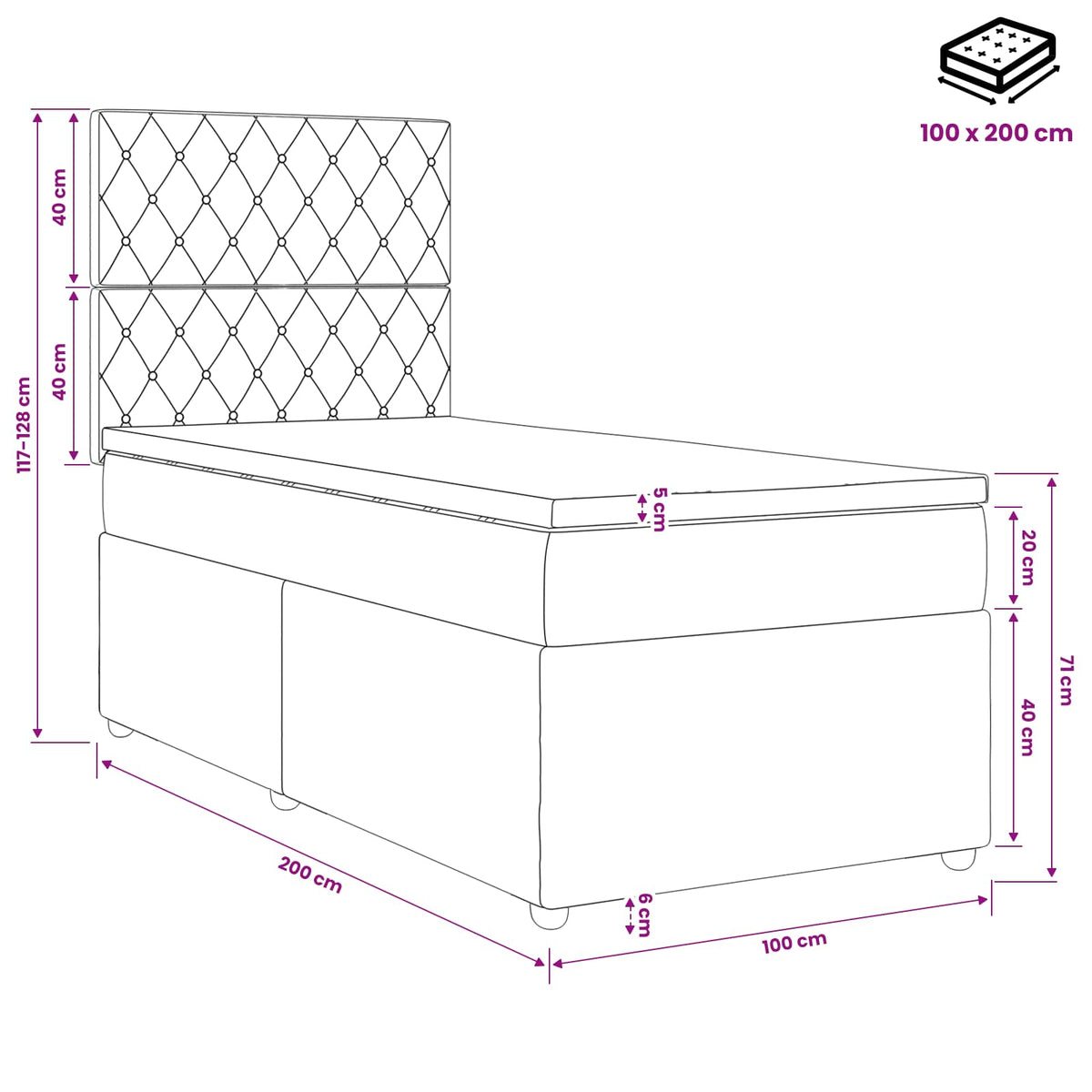 Boxmadras med topmadras med hovedgærde Blå 100 x 200 cm Fløjl
