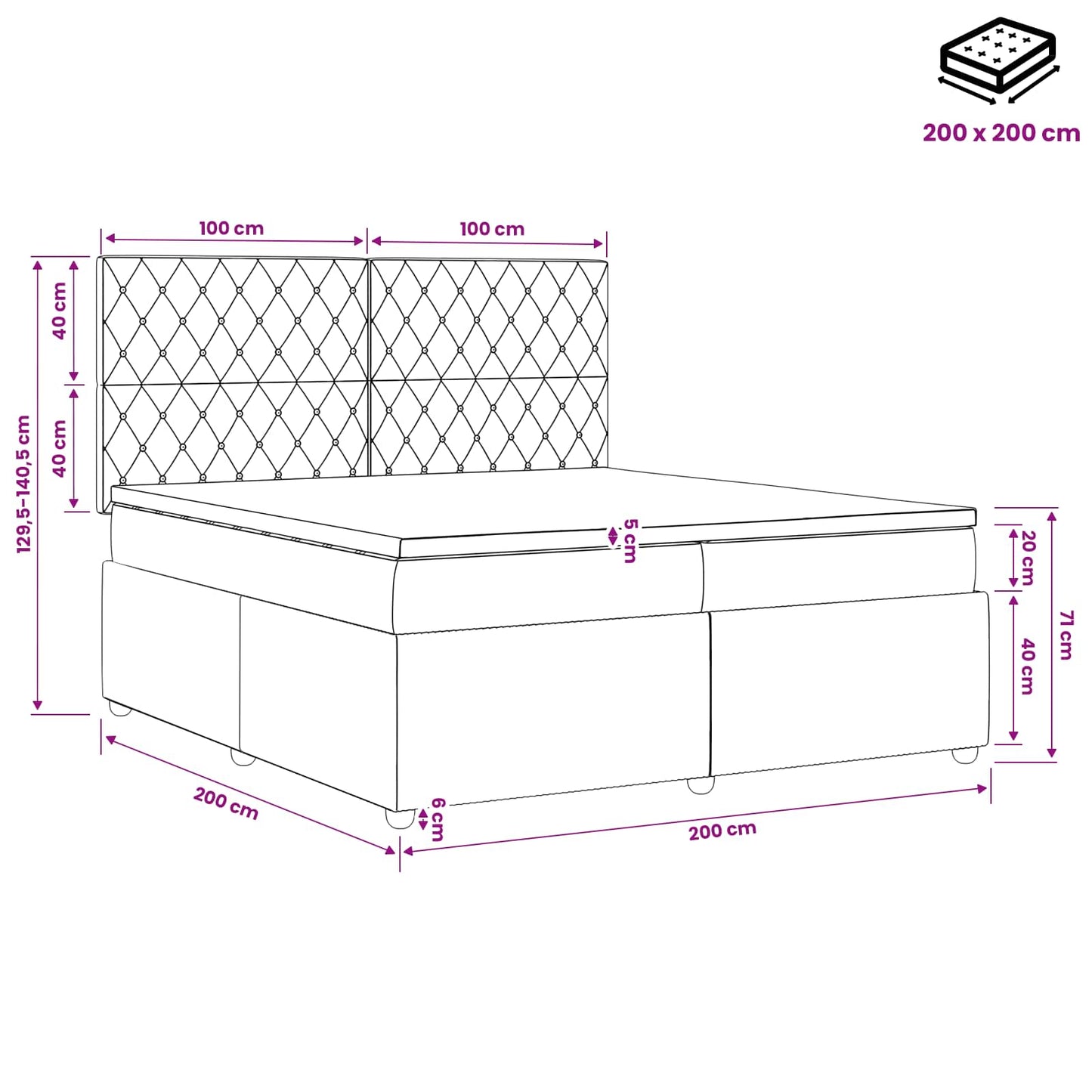 Boxmadras med topmadras Mørkegrå 200 x 200 cm Fløjl