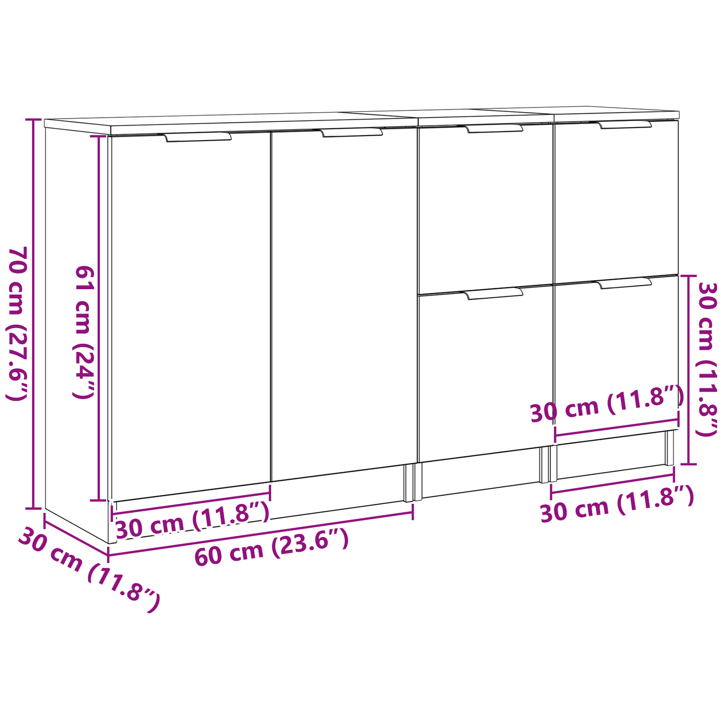 Sideboard 3 stk. Sort eg 120 x 30 x 70 cm Konstrueret træ