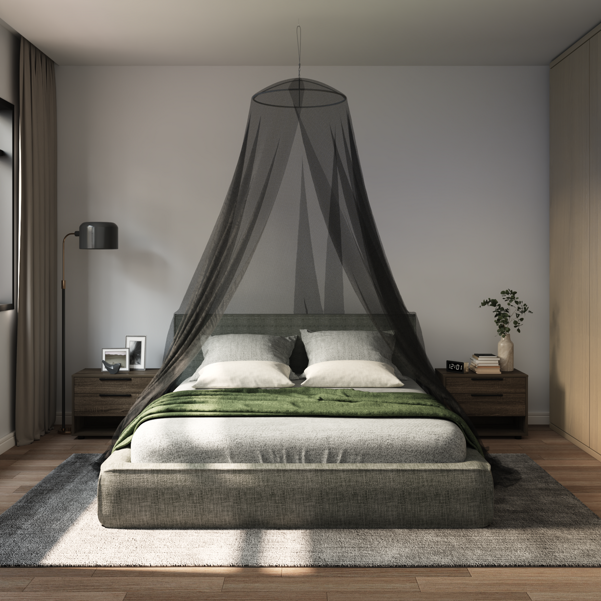 Myggenet til seng 3 stk. 156 mesh Sort ⌀56 x 220 cm Polyester