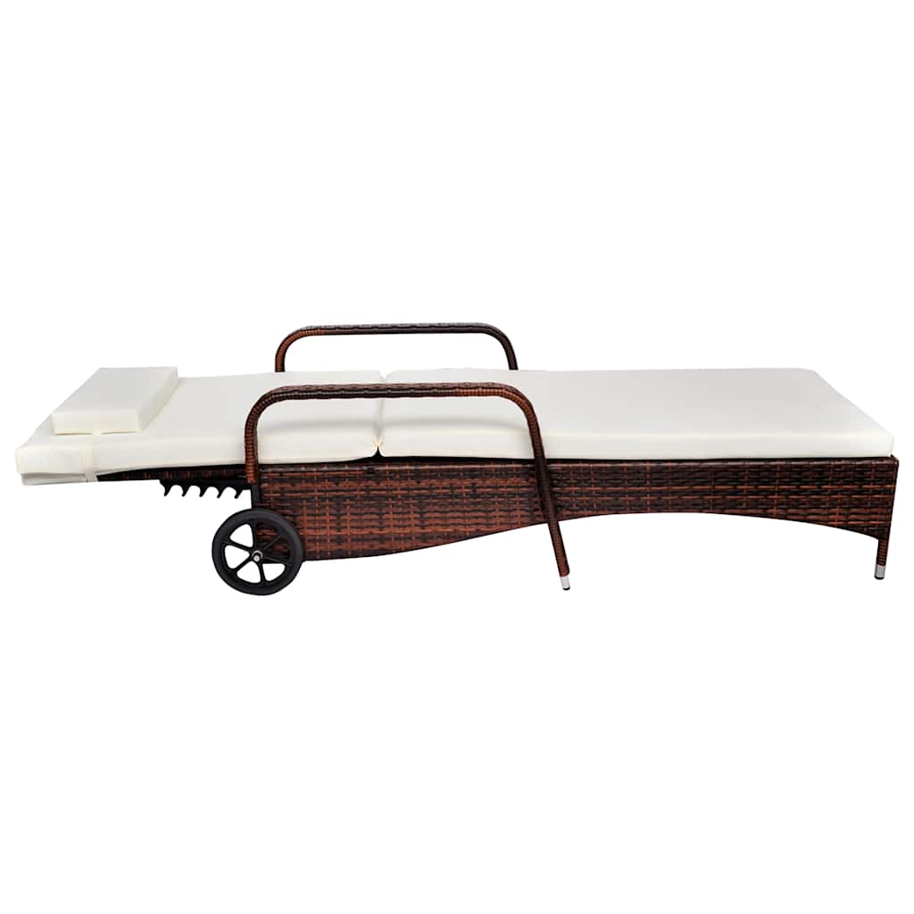 liggestol med hynde & hjul polyrattan brun